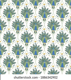 Beautiful damask seamless pattern with peacock and flowers and leafs.