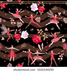 Beautiful dance of fairies and elves. Magic ballet couples with beautiful flowers on wavy background.