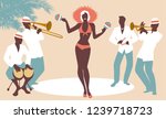 Beautiful dancer playing maracas and four latin musicians playing bongos, trumpet, claves and trombone.