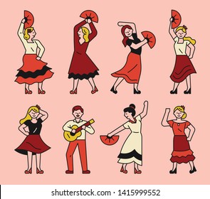 Beautiful dancers playing Spanish traditional flamenco. flat design style minimal vector illustration