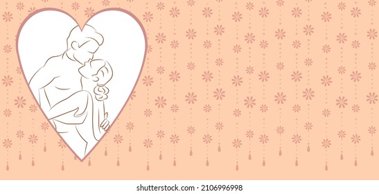 Beautiful dancing couple on peach background. Sparkling winter wallpaper with people in love. Valentine's day gift card vector line art.