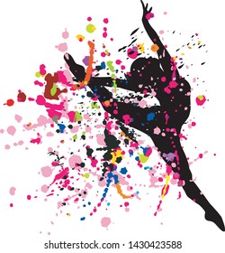 Beautiful dancing girl in bright multicolored splatters.