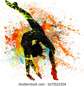 Beautiful dancing girl in bright multicolored splatters.