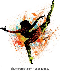 Beautiful dancing girl in bright multicolored splatters.