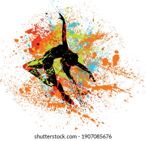 Beautiful dancing girl in bright multicolored splatters.