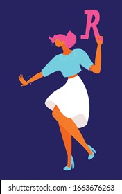 Beautiful dancing girl with the letter R, isolated on blue background.