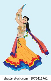 beautiful dancing girl playing dandiya wearing yellow blouse and sharara