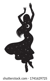 Beautiful dancing gypsy silhouette with crescent moon and stars in profile isolated. Boho chic tattoo, sticker or print design vector illustration