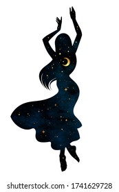 Beautiful dancing gypsy silhouette with crescent moon and stars in profile isolated. Boho chic tattoo, sticker or print design vector illustration