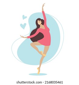 Beautiful dancing woman in pink dress. Ballet classes. Dance school poster or greeting card design template. Cartoon style vector illustration isolated on white background.