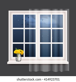 Beautiful Dandelion flower. Realistic vector. Bunch of dandelions on the window. Night.