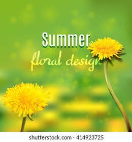 Beautiful Dandelion flower. Realistic vector. Glade of dandelions. Summer square card