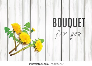 Beautiful Dandelion flower. Realistic vector. On a wooden white board. View from above