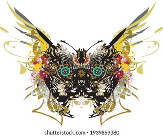 Beautiful dangerous butterfly wings with colored splashes. Ornamental butterfly wings with floral, golden motifs and a pattern of huge eyes on a white background for your creative ideas, prints, etc.