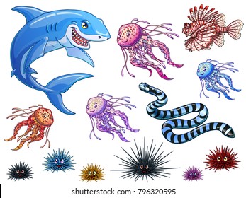 Beautiful, but dangerous marine animal separately on a white background. Sharke, lionfish, hedgehog, jellyfish and sea serpent. Vector cartoon illustration.