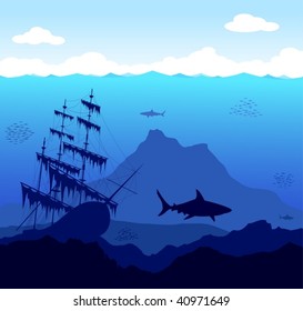 Beautiful and dangerous underwater world with sharks and old ship - vector