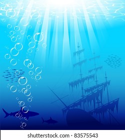 Beautiful and dangerous underwater world with sharks and old ship. Vector EPS 10.