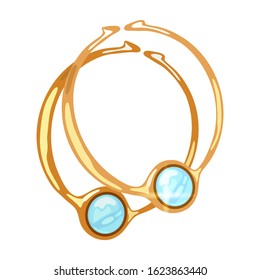 Beautiful dangling hoop yellow gold earrings with round light blue transparent aquamarine or topaz. Elegant luxury earclips with gemstone. Vector realistic illustration isolated on white background.