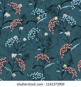 Beautiful Dark Autumn Seamless Pattern Vector With Pink And Blue Berries And Leaves. Fall Colorful Floral Background.pattern For Fashion,fabric And All Prints On Dark Green Background.