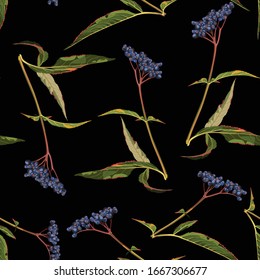 Hermoso patrón oscuro de otoño sin fisuras con bayas azules y hojas. Colorido fondo floral para moda, tela y todas las impresiones sobre fondo verde oscuro.