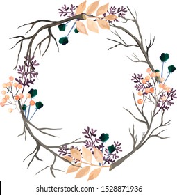 Beautiful dark autumn wreath of branches and flowers
