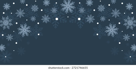 Hermoso fondo azul oscuro con copos de nieve blancos que caen desde la parte superior. Ideal para pósters de escenarios invernales, tarjetas de vacaciones y Anuncios de Web de temporada.