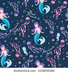 Beautiful dark blue mermaid pattern. Girl print. Design for kids. Fashion illustration drawing in modern style for clothes or fabric. Cute Mermaid with jellyfish.