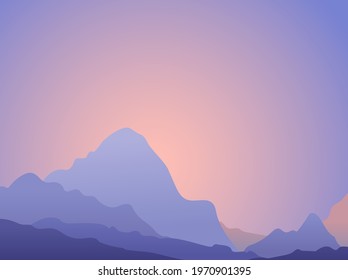 Beautiful dark blue mountain landscape with fog, sunrise or sunset in mountains, vector illustration 10EPS