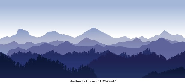 Beautiful dark blue mountain landscape with fog and forest. Sunrise and sunset in mountains. Outdoor and nature concept. Vector illustration.