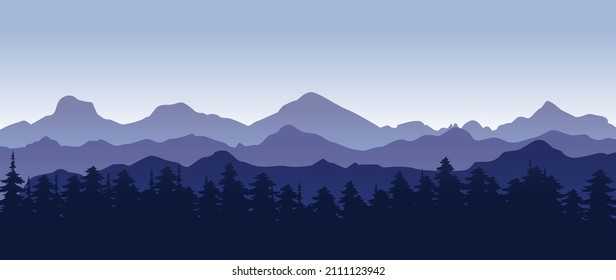 Beautiful dark blue mountain landscape with fog and forest. Pine forest. Sunrise and sunset in mountains.  Outdoor and nature concept. Vector illustration.