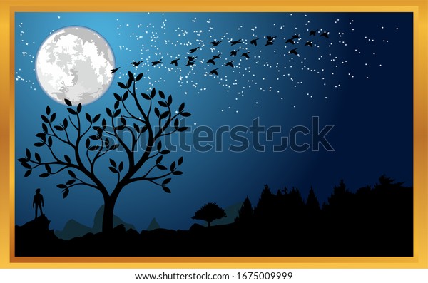 Beautiful Dark Blue Night Sky And Many Stars above Field Of Tree wallpaper With Flying Birds and Moon Wonderful vector Illustration Background