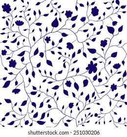 beautiful dark blue seamless vector background and pattern of simple flowers, leaves, twigs, grass, branch - hand drawn style vector illustration