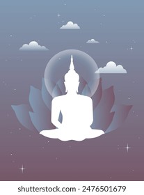 A beautiful dark blue tone vector of  Buddha statue sitting peaceful in lotus for every buddhist holiday day as visakha bucha, visak, asarnha bucha, asarlha bucha and buddhist lent day, retro style.