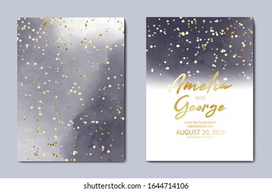 Beautiful dark blue water-colour background, great design for any purposes. Invitation ,Greeting card template. Vector gold glitter background texture.  