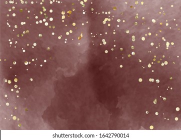 Beautiful dark burgundy water-colour background, great design for any purposes. Invitation ,Greeting card template. Vector gold glitter background texture.  