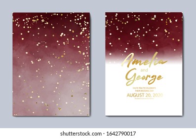 Beautiful dark burgundy water-colour background, great design for any purposes. Invitation ,Greeting card template. Vector gold glitter background texture.  