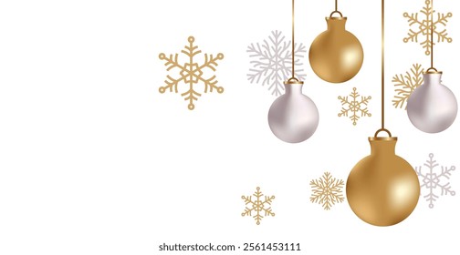 Beautiful dark Christmas background with green and golden, shining decoration and empty space. Copy space for your text. Merry Xmas, Happy New Year. Festive backdrop