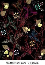 Beautiful dark floral background with birds, vector illustration