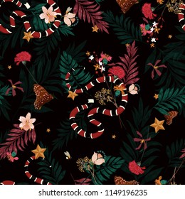 Beautiful dark forest in seamless pattern vector with snake , wild leaves ,flowers,insect,butterfly,bees for fashion and all prints on black background