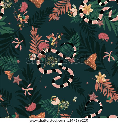 Beautiful dark forest in seamless pattern vector with snake , wild leaves ,flowers,insect,butterfly,bees for fashion and all prints on dark green background
