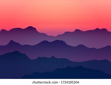 Beautiful dark gradient purple mountain landscape with fog and forest. Sunrise and sunset in mountains. Red sunset in mountains landscape. Vector illustration background