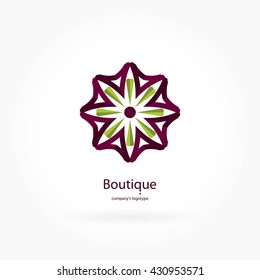 Beautiful dark and green circular logo. Logotype for antique boutique, sweets. Company mark, emblem, element. Simple mandala. Business, invitations. Kaleidoscope big bud. Abstract decorative flower.