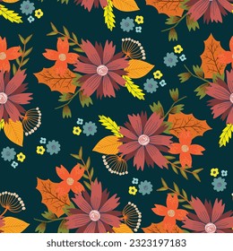Beautiful dark green contrast doodle seamless pattern with orange and red flowers bouquets with leaves. Cute childish scandinavian floral texture for textile, wrapping paper, surface, wallpaper