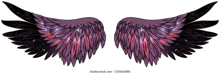 Beautiful dark magic glittery starry purple pink black wings, vector