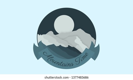 Beautiful dark mountain landscape in a moonlight. Ice peak mountain. Symbol of travelling and tourism. Vector illustration of camping outdoor adventure. Fuji japanese mountain cartoon concept.