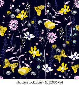 Beautiful dark night  Seamless Pattern colorful wind blow flowers,  Isolated on navy blue color. Botanical Floral Decoration Texture. Vintage Style Design for Fabric Print, Wallpaper Background.