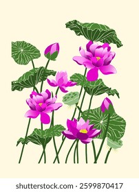 Beautiful dark pink lotus flowers with detailed green leaves on yellow background