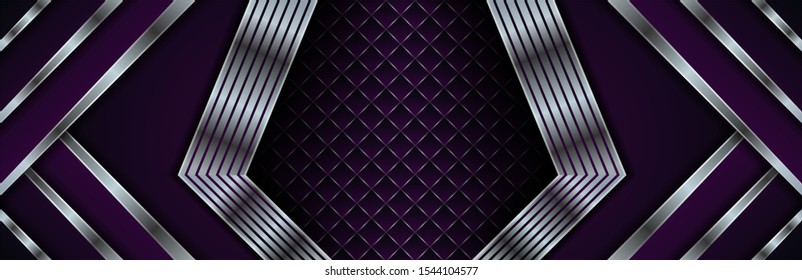 beautiful dark purple horizontal background with antique silver ribbon illustration and blank space for ad or brochure or website template. square and line pattern with silver color on side. 