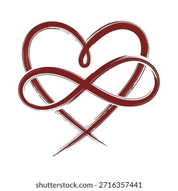 A beautiful dark red brush stroke heart intertwined with an infinity symbol representing eternal love isolated on white background, Vector, illustration