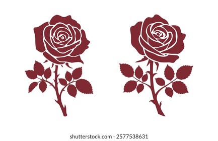 Beautiful Dark Red Rose Silhouettes set for romantic valentine designs